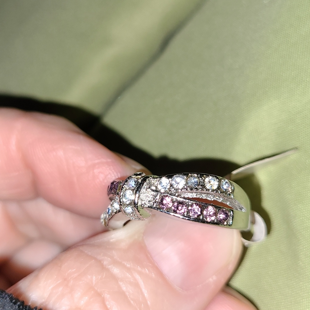 Pink & Clear Crystal Rhinestone Criss-Cross Bow Style Silver-tone Ring Size 8 - Picture 3 of 10